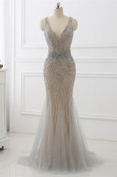 Silver Mermaid Prom Dress Sleeveless V Neck Beaded Formal Dress