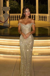 Silver Off the Shoulder Sequined Prom Dress Mermaid Floor Length Formal Dress with Slit