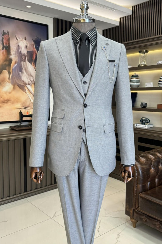 Silver Peaked Lapel 3 Piece Business Men's Suit