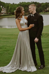 Silver Prom Dress A Line Halter Pleated Formal Dress With Rhinestones