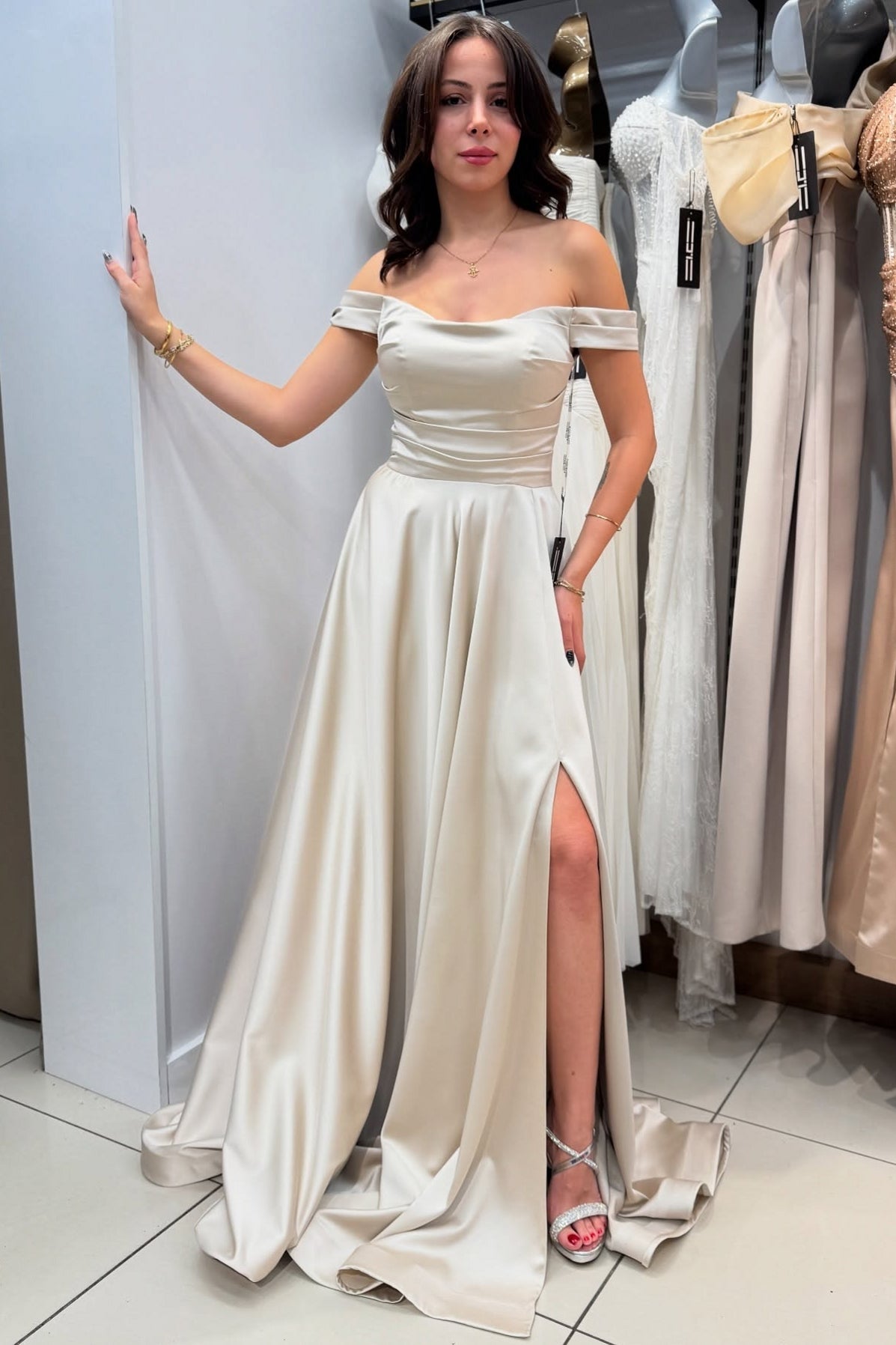 Silver Prom Dress A Line Strapless Off The Shoulder Sleeveless Simple Satin Formal Dress With Slit