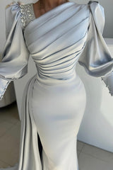Silver Prom Dress Mermaid Satin Pleated Sleeves Formal Dress With Side Slit
