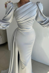 Silver Prom Dress Mermaid Satin Pleated Sleeves Formal Dress With Side Slit