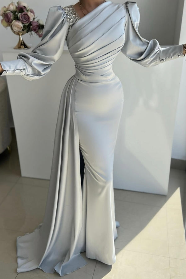 Silver Prom Dress Mermaid Satin Pleated Sleeves Formal Dress With Side Slit