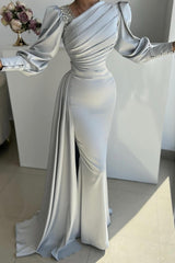 Silver Prom Dress Mermaid Satin Pleated Sleeves Formal Dress With Side Slit