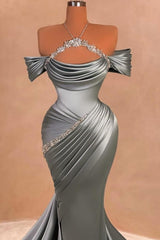 Silver Prom Dress Mermaid Strapless Halter Off The Shoulder Beaded Satin Formal Dress