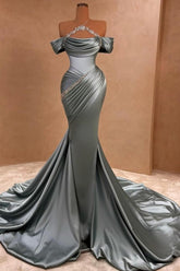 Silver Prom Dress Mermaid Strapless Halter Off The Shoulder Beaded Satin Formal Dress