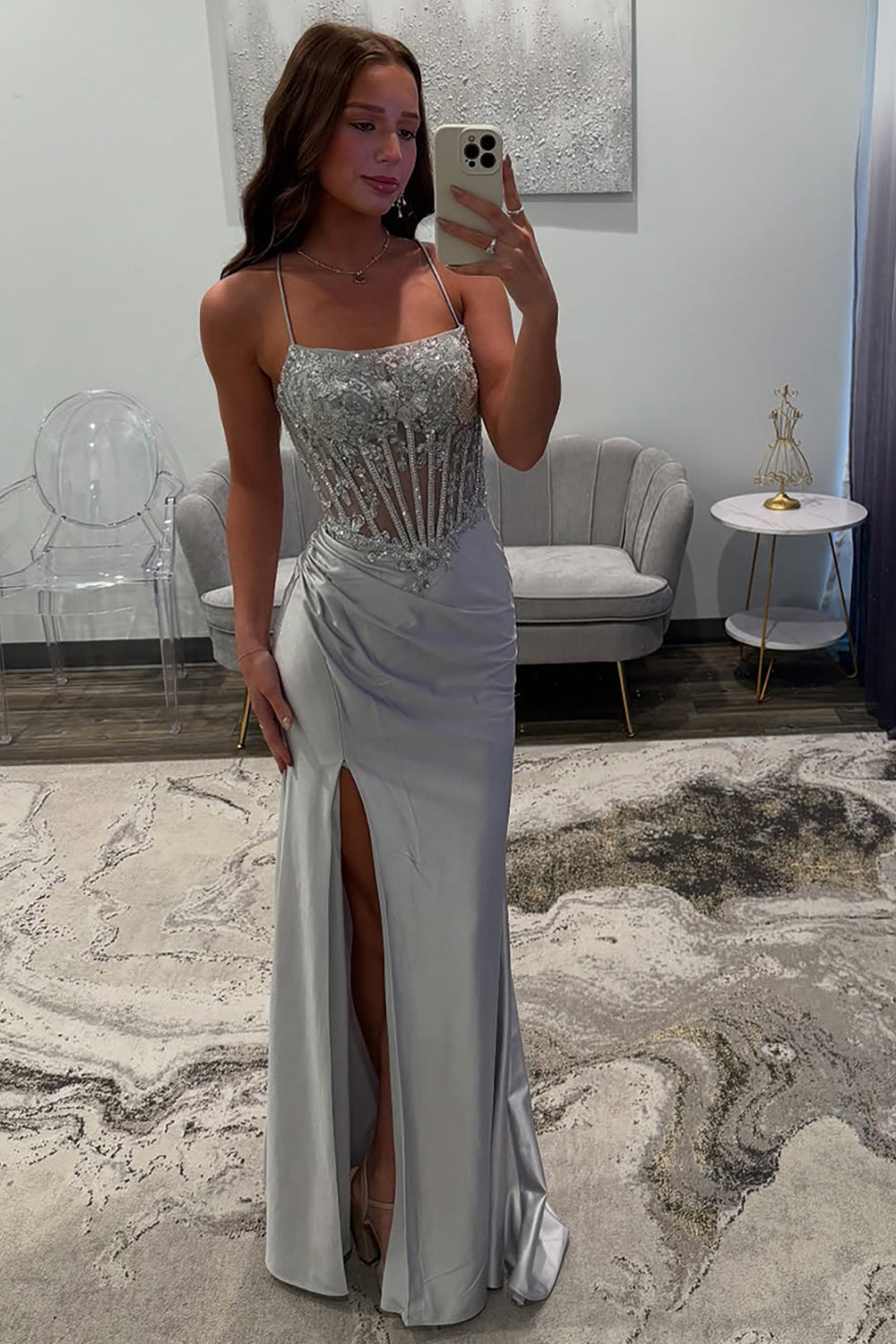 Silver Prom Dress Satin Corset Long Formal Dress With Slit