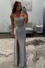 Silver Prom Dress Satin Corset Long Formal Dress With Slit