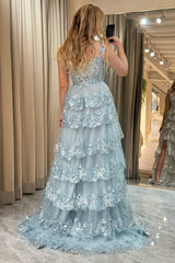 Silver Prom Dress Tiered A Line Long Evening Dress with Lace