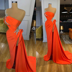 Silver Sequined One Shoulder Orange High Split Prom Dress
