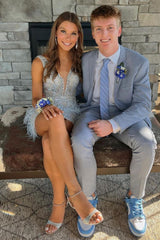 Silver Sheath Deep V-Neck Short Beaded Homecoming Dress with Feathers