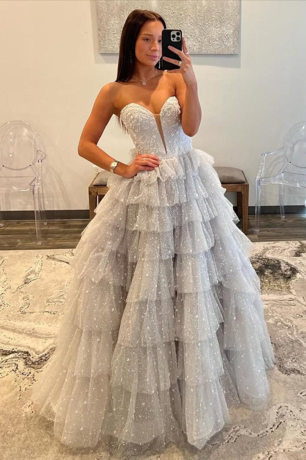 Silver Sparkling A-Line Sweetheart Ruffle Layer Prom Ball Gown Formal Evening Gown