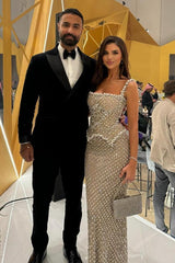 Silver Square Neck Formal Dress Beaded Rhinestones Prom Evening Gown
