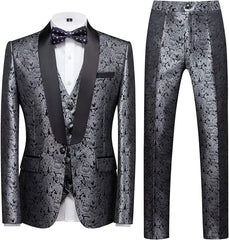 Silvery Jacquard Three Piece Wedding Suit for Men