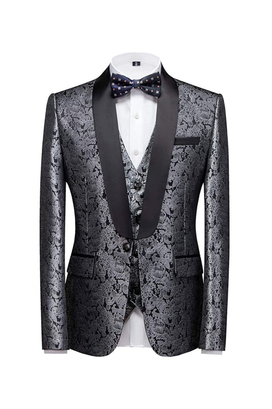 Silvery Jacquard Three Piece Wedding Suit for Men
