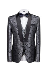Silvery Jacquard Three Piece Wedding Suit for Men