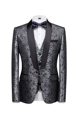 Silvery Jacquard Three Piece Wedding Suit for Men