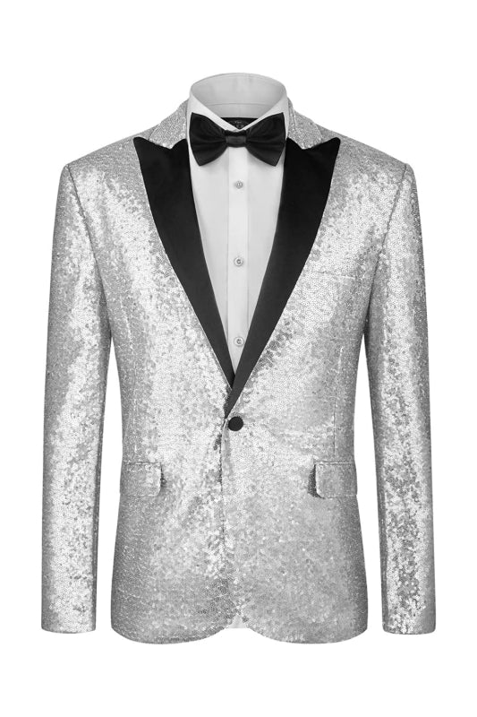 Silvery Two Piece Sequins Peaked Lapel Prom Suit