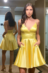 Simple A-Line Yellow Homecoming Dress Prom Dress with Pockets