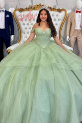 Simple Ball Gown Off Shoulder Sparkly Sequins Beaded Sage Green Tulle Quinceanera Dress For Sweet 16