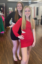 Simple Black Homecoming Dress One Shoulder One Sleeve Cut Out Tight Short Prom Dress