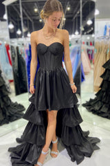 Simple Black Prom Dress A Line Corset Sweetheart High Low Tiered Evening Dress