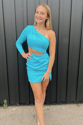 Simple Blue Homecoming Dress One Shoulder Cut Out Tight Short Prom Dress with Slit