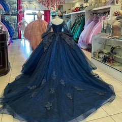 Simple & Casual Ball Gown Off Shoulder Long Sleeves Lace Appliques Tiered Ruffles Navy Blue Tulle Quinceanera Dress Princess Birthday Party Gown For Sweet 16