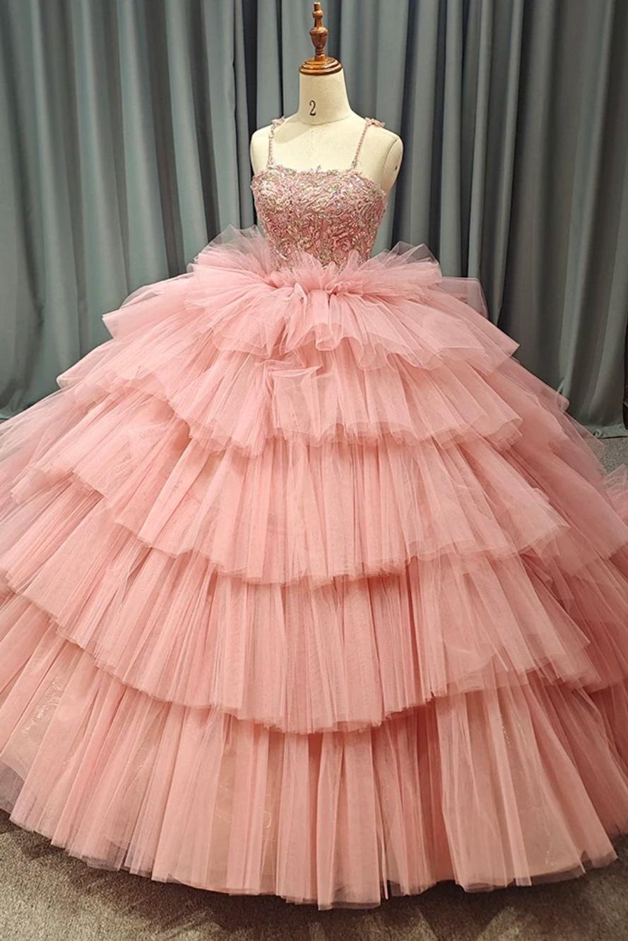 Simple & Casual Ball Gown Square Neck Spaghetti Straps Lace Appliques Beaded Tiered Pink Tulle Princess Evening Party Dress Quinceanera Dress For Sweet 16