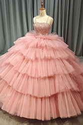 Simple & Casual Ball Gown Square Neck Spaghetti Straps Lace Appliques Beaded Tiered Pink Tulle Princess Evening Party Dress Quinceanera Dress For Sweet 16