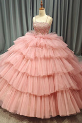 Simple & Casual Ball Gown Square Neck Spaghetti Straps Lace Appliques Beaded Tiered Pink Tulle Princess Evening Party Dress Quinceanera Dress For Sweet 16