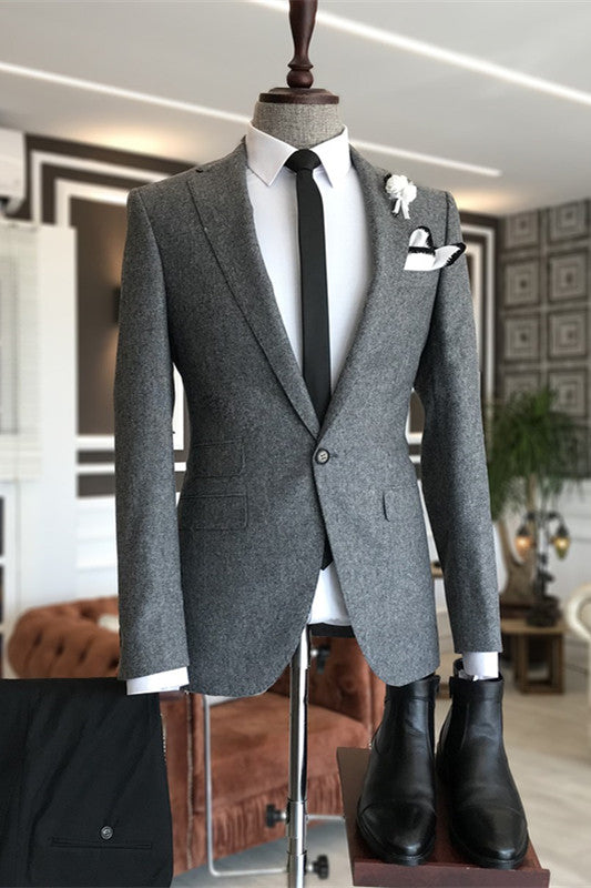 Simple Dark Gray Notched Lapel Men's Business Suit