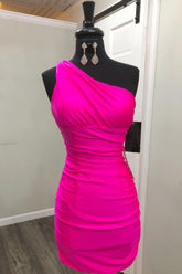 Simple Fuchsia Homecoming Dress One Shoulder Satin Tight Short Prom Dress