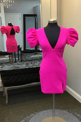Simple Fuchsia Homecoming Dress V-Neck Short Sleeves Tight Short Prom Dress
