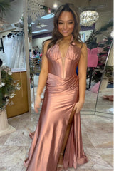 Simple Fuchsia Prom Dress Corset Halter Mermaid Long Satin Evening Dress with Slit