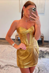 Simple Golden Homecoming Dress Corset Strapless Tight Short Cocktail Dresses