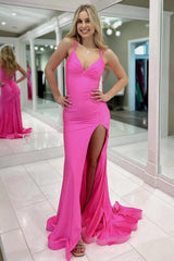 Simple Hot Pink Mermaid Prom Dress With Double Straps Lace Up Closure And Long Silhouette Formal Evening Gown