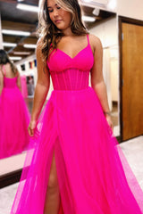 Simple Hot Pink Prom Dress Corset A Line Long Tulle Evening Dress with Slit
