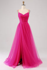 Simple Hot Pink Prom Dress Corset A Line Long Tulle Evening Dress with Slit