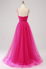 Simple Hot Pink Prom Dress Corset A Line Long Tulle Evening Dress with Slit