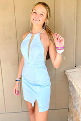 Simple Light Blue Homecoming Dress Satin Tight Short Prom Dress
