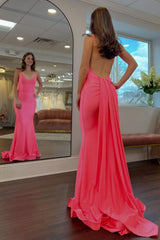 Simple Mermaid Spaghetti Straps Candy Pink Long Prom Dress With Train Formal Evening Gown
