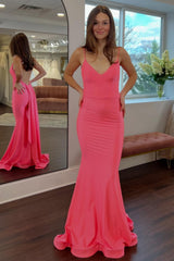 Simple Mermaid Spaghetti Straps Candy Pink Long Prom Dress With Train Formal Evening Gown