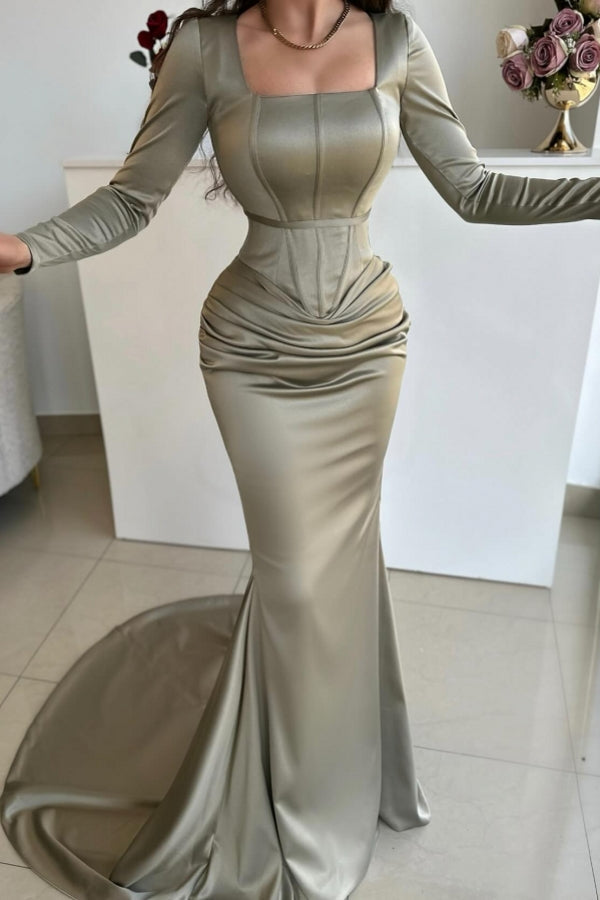 Simple Mermaid Square Neck Satin Formal Dress With Sleeves