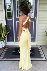 Simple Mermaid V Neck Yellow Long Prom Dress With Open Back Formal Evening Gown