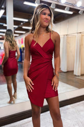 Simple Red Homecoming Dress Asymmetrical Spaghetti Straps Tight Short Cocktail Dresses