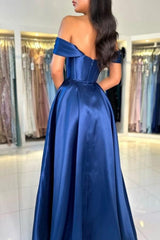 Simple Royal Blue Prom Dress Off The Shoulder A Line Sleeveless Satin Formal Dress
