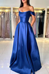 Simple Royal Blue Prom Dress Off The Shoulder A Line Sleeveless Satin Formal Dress