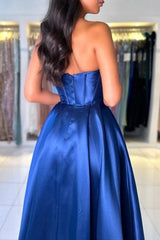 Simple Royal Blue Prom Dress Off The Shoulder A Line Sleeveless Satin Formal Dress